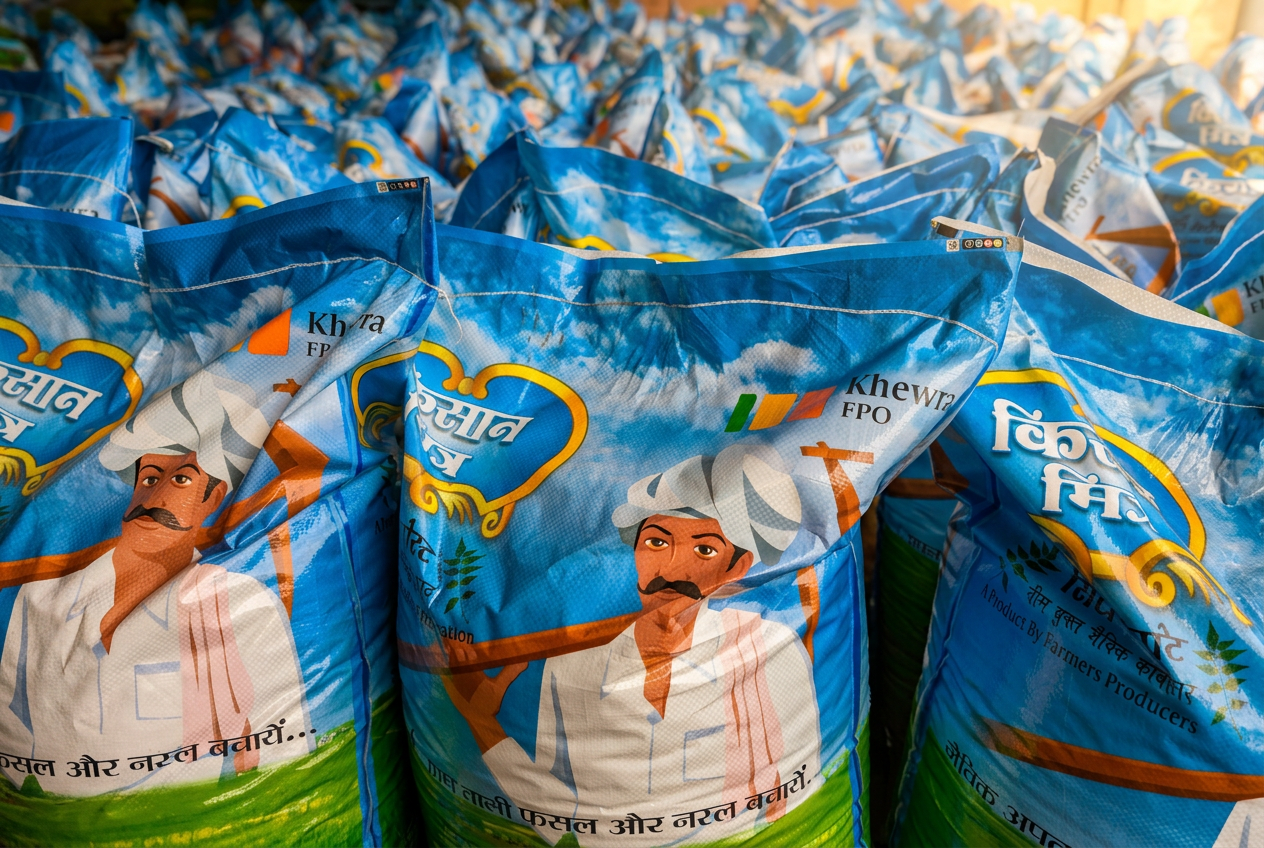 Stacks of Khewra FPO Kisan Mitra neem-based compost bags