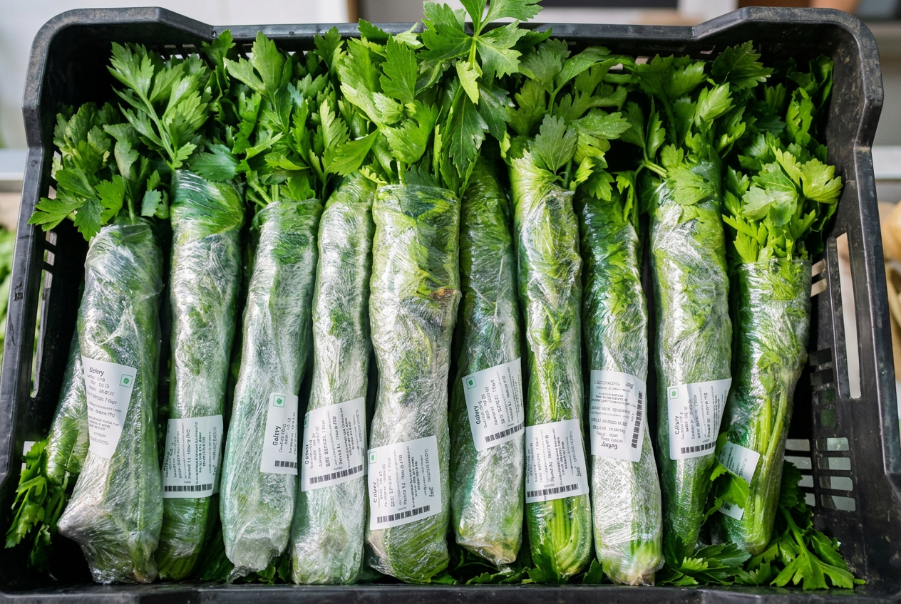 Cling-wrapped celery bundles in a Khewra FPO crate