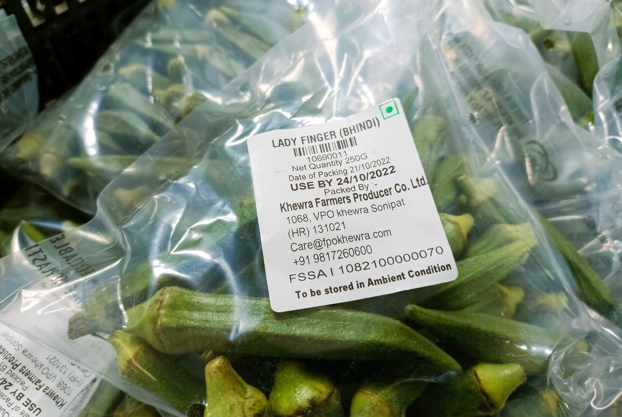 Retail-packed lady finger (bhindi) bags with Khewra FPO labels