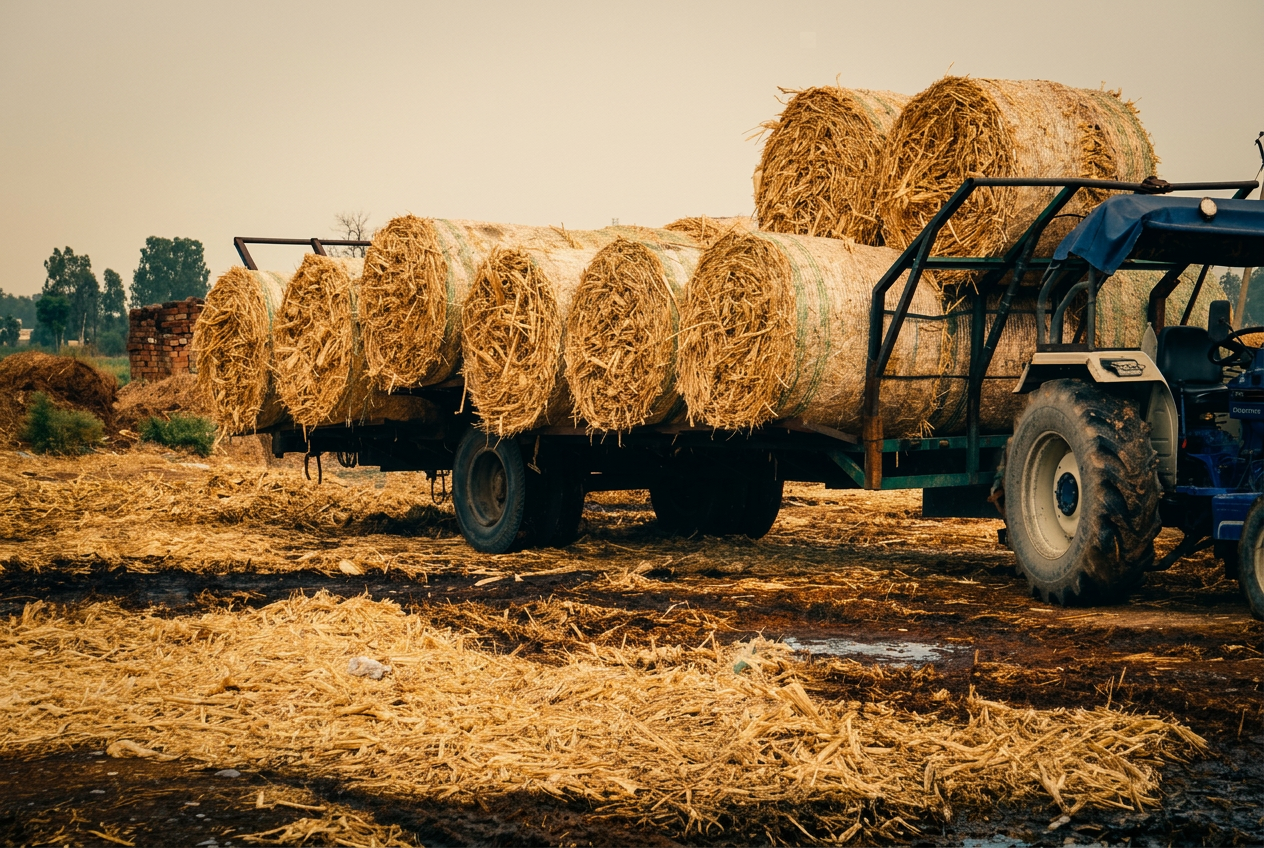Tractor trolley loaded with round paddy-straw bales at the staging yard