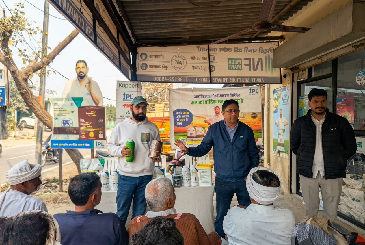 IPL Biologicals product demo at the NF Mega Mart counter with farmer audience